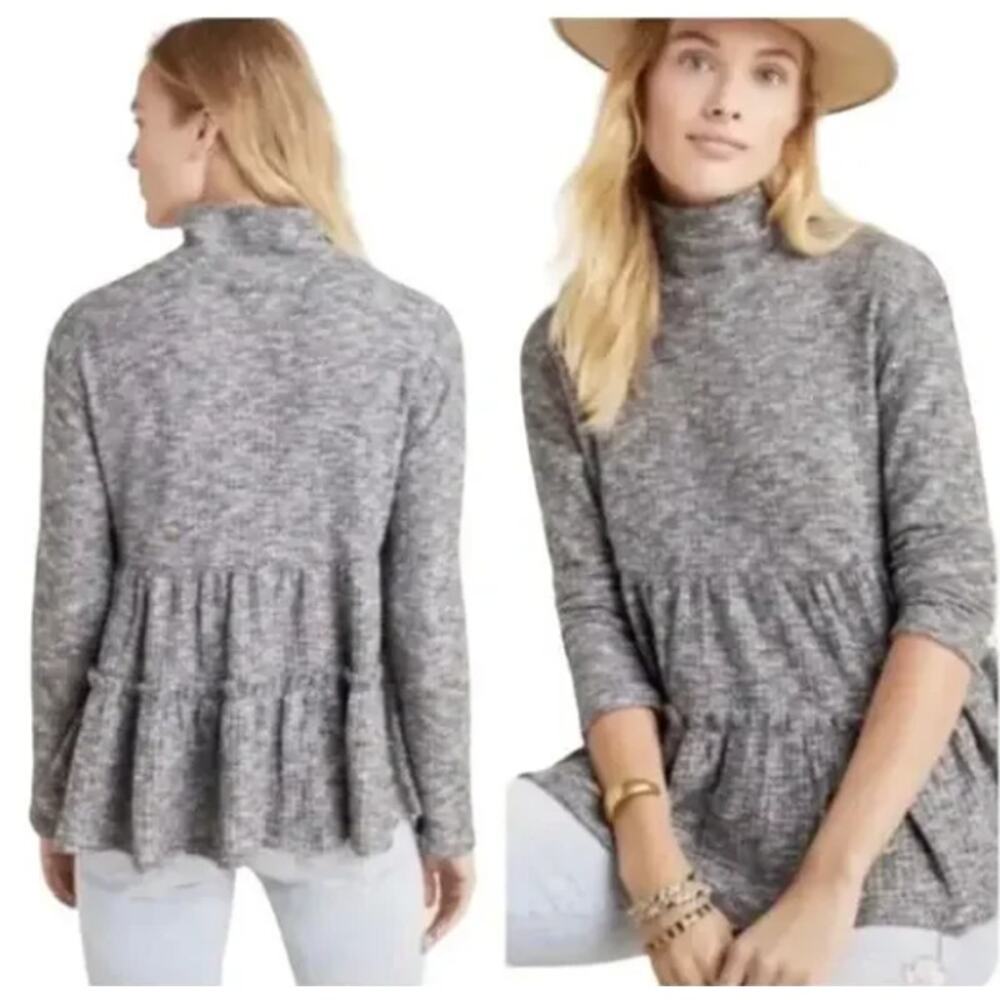 Anthropologie Eri + Ali Ruffle Hem Turtleneck Sweater‎ Waffle Knit Gray XS